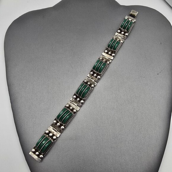 VTG RRA Mexican Sterling Silver Green Onyx Panel Link Bracelet 7" Rope Detail 40 - Picture 8 of 16